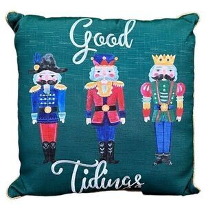 NWT Embroidered Christmas Nutcracker "Good Tidings" Welted Indoor Pillow‎ Green